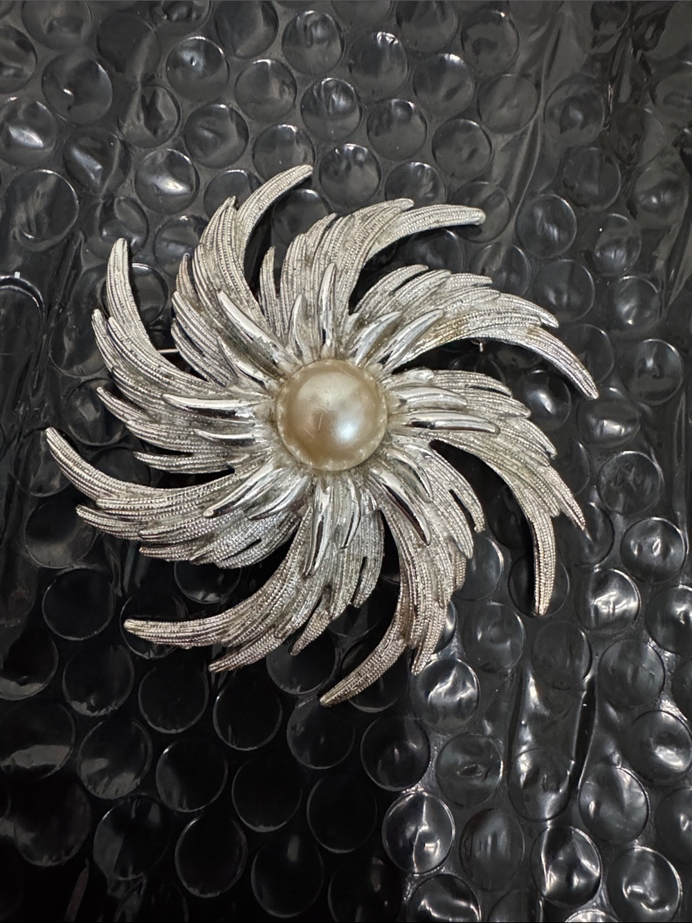 Vintage Sarah Coventry Silver Tone Swirl Brooch with Pearl Center- 1969